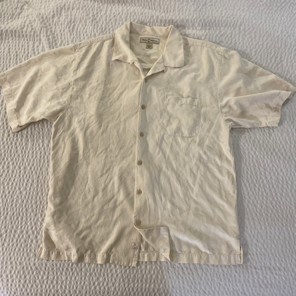 Tommy Bahama Finely Textured Tonal Floral Print Silk Camp‎ Shirt in Ecru Size L